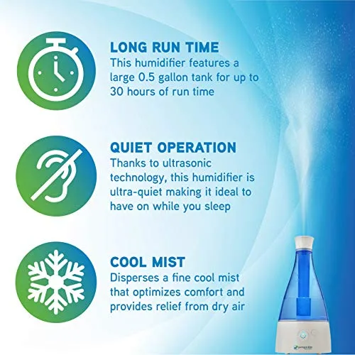 Ultrasonic Cool Mist Humidifier, 30 Hrs. Run Time, 0.5 Gal. Tank Capacity, 350 Sq. Ft. Coverage, Quiet, Filter Free, Treated Tank Resists Mold